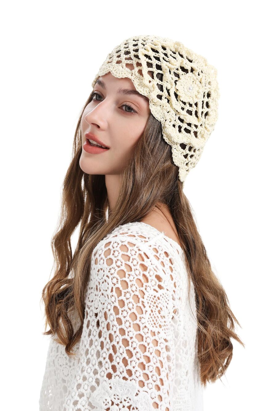 7062 Summer Crochet Slouchy Paper Beanie Hat Handmade Skull CapBeige,One